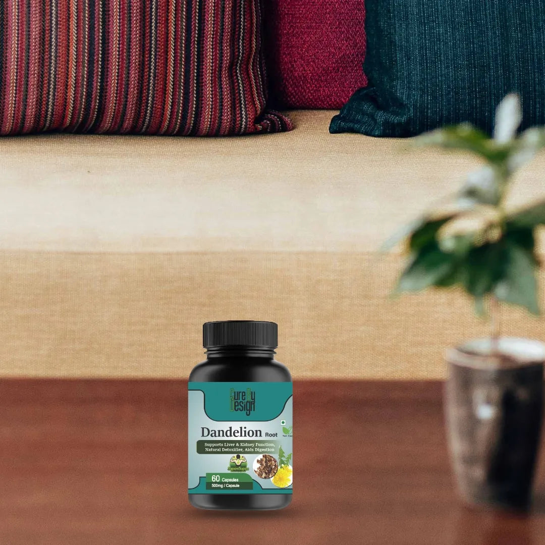 Supplement bottle labeled 'Dandelion' on a wooden surface with a couch and plant in the background
