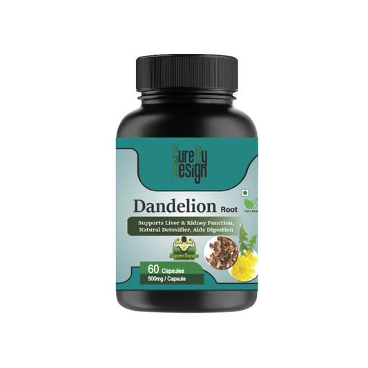 Bottle of Dandelion Root capsules with a black lid on a white background