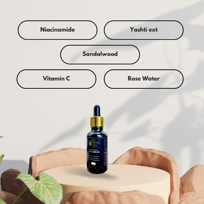A face serum bottle on a beige pedestal with text stating ingredients above it.

