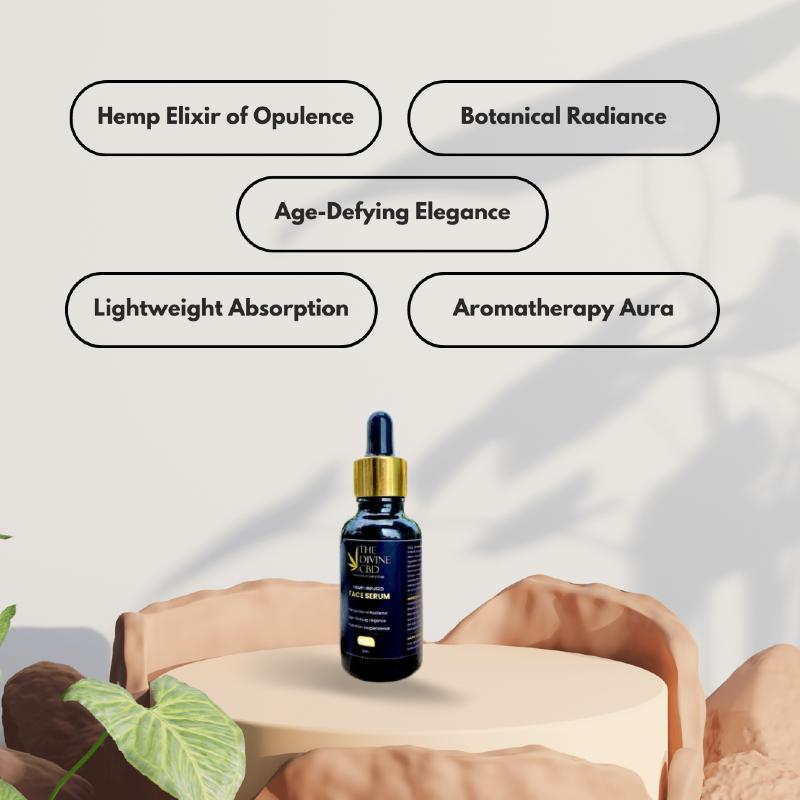 Dark blue dropper bottle labeled "THE DIVINE - CBD FACE SERUM" on a beige pedestal.

