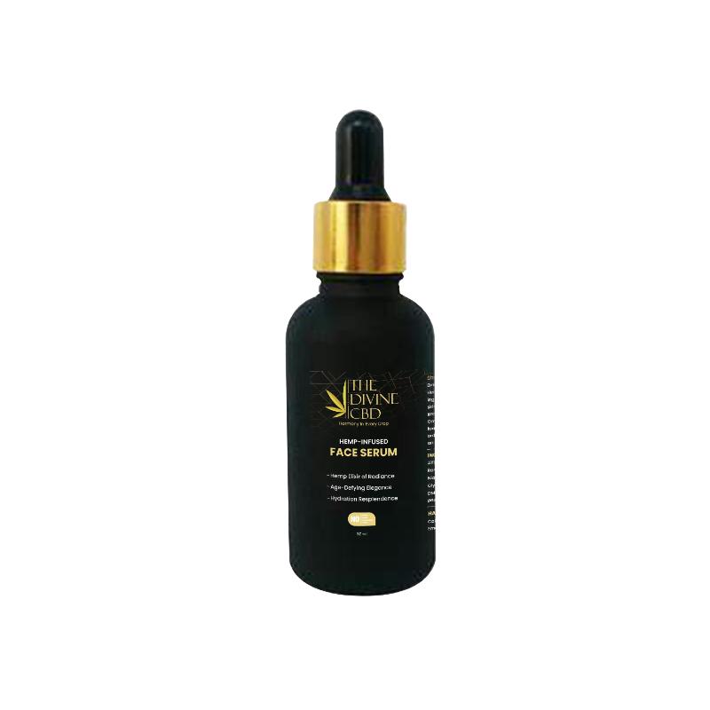 Black bottle of face serum with gold dropper cap and gold label text.