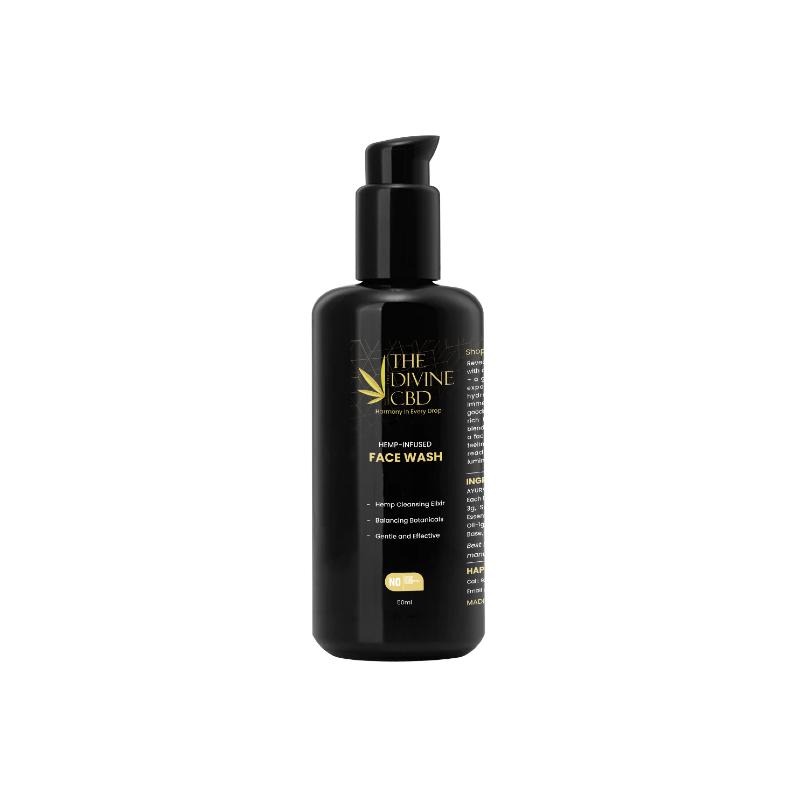 Black bottle of The Divine CBD Hemp-Infused Face Wash with a pump dispenser.