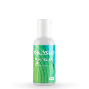 Small bottle of Medicann Pain Relief Oil with a green and blue label.


