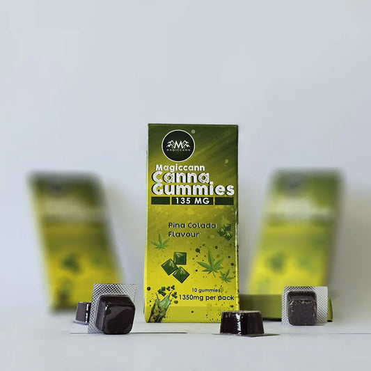 Box of Magiccann Cannabis Infused CBD THC Gummies with dark gummies in blister packs.