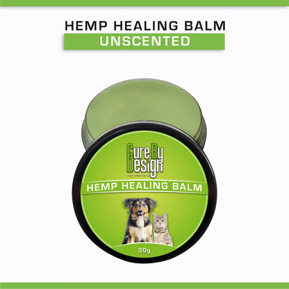 Hemp healing balm container with 'Pure by Design' branding on a white background