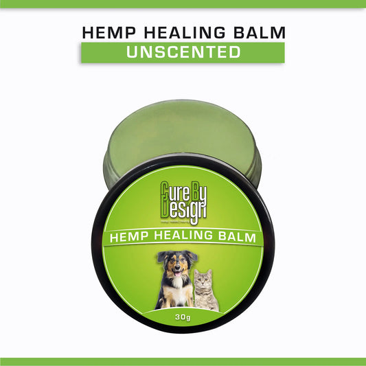 Hemp healing balm container with 'Pure by Design' branding on a white background