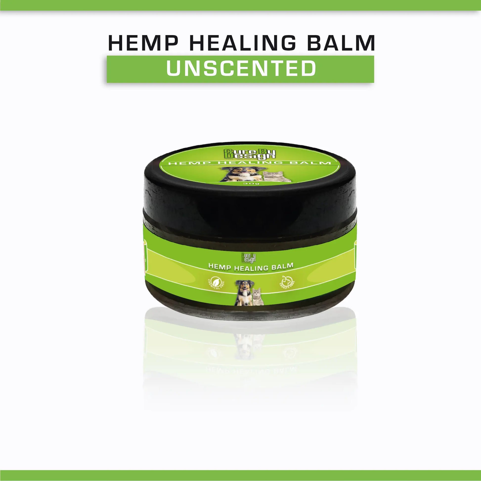 Hemp Healing Balm container with green label on a white background