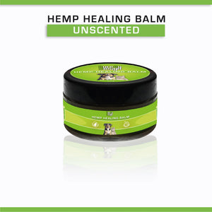 Hemp Healing Balm container with green label on a white background