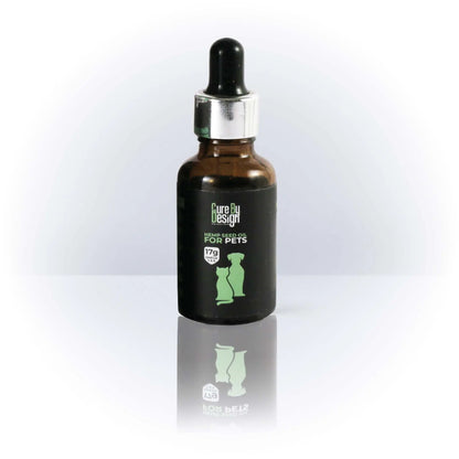 Bottle of pet cbd supplement with dropper on a white background
