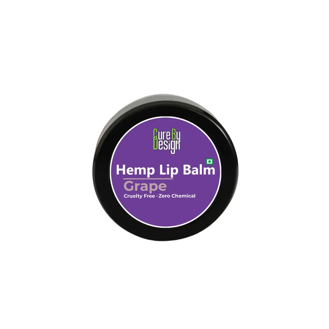 Hemp lip balm container with purple label on a white background