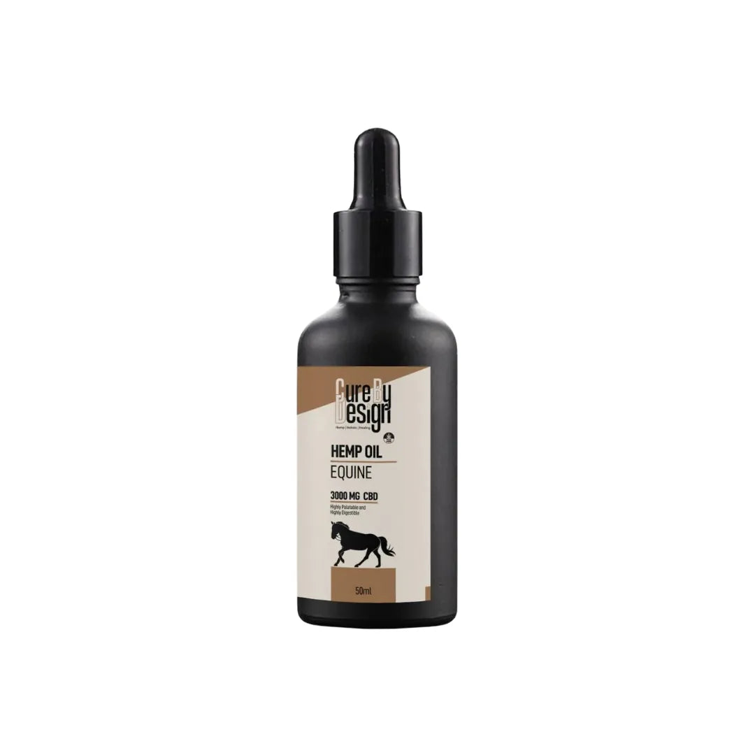 Cure By Design Hemp oil bottle for horses with a dropper on a white background