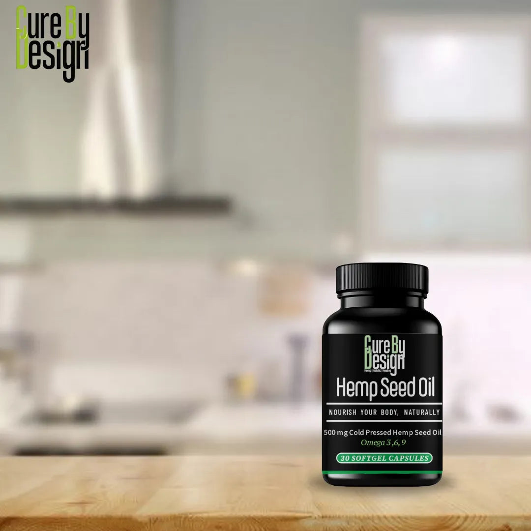 Bottle of Cure By Design Hemp Seed Oil on a kitchen counter