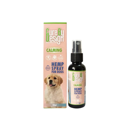 Cure By Design Calming Hemp Spray for Dogs with packaging on a white background