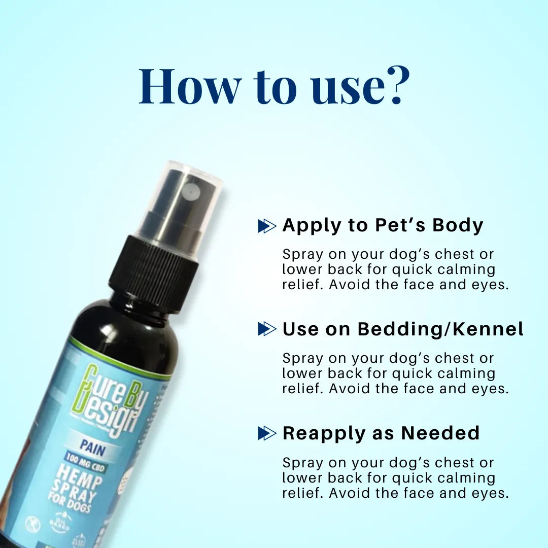 Bottle of 'Cure by Design' hemp spray for dogs with usage instructions on a light blue background.