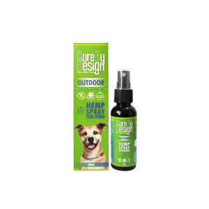 Cure by Design hemp spray for dogs with packaging on a white background