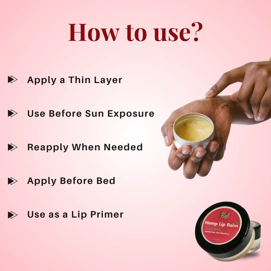 Hemp lip balm with usage instructions on a pink background