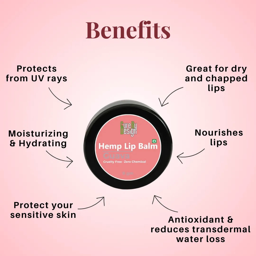 Hemp lip balm with benefits listed on a pink background