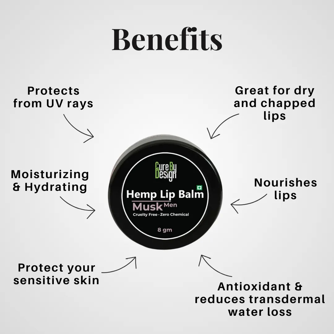 Hemp lip balm container with benefits listed on a white background