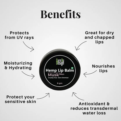 Hemp lip balm container with benefits listed on a white background