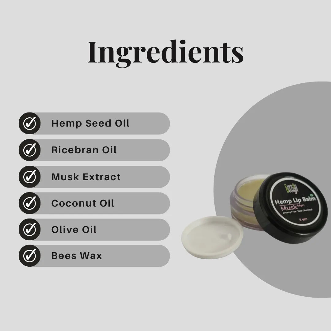 Hemp lip balm with a list of ingredients on a gray background