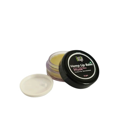 Hemp lip balm with open container on a white background
