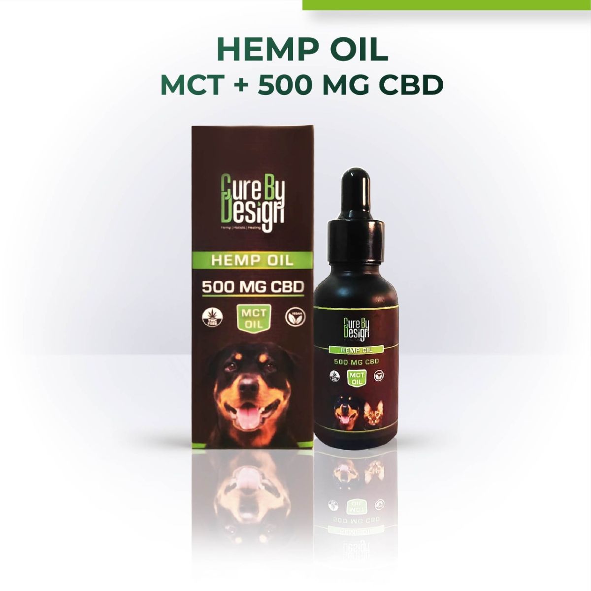 Cure By Design pets hemp oil bottle and packaging on a white background