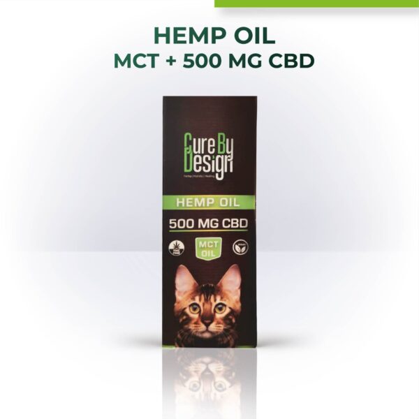 Cure by Design hemp oil packaging with a cat on a white background