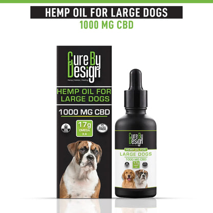 Cure By Design hemp oil for large dogs packaging and bottle on a white background