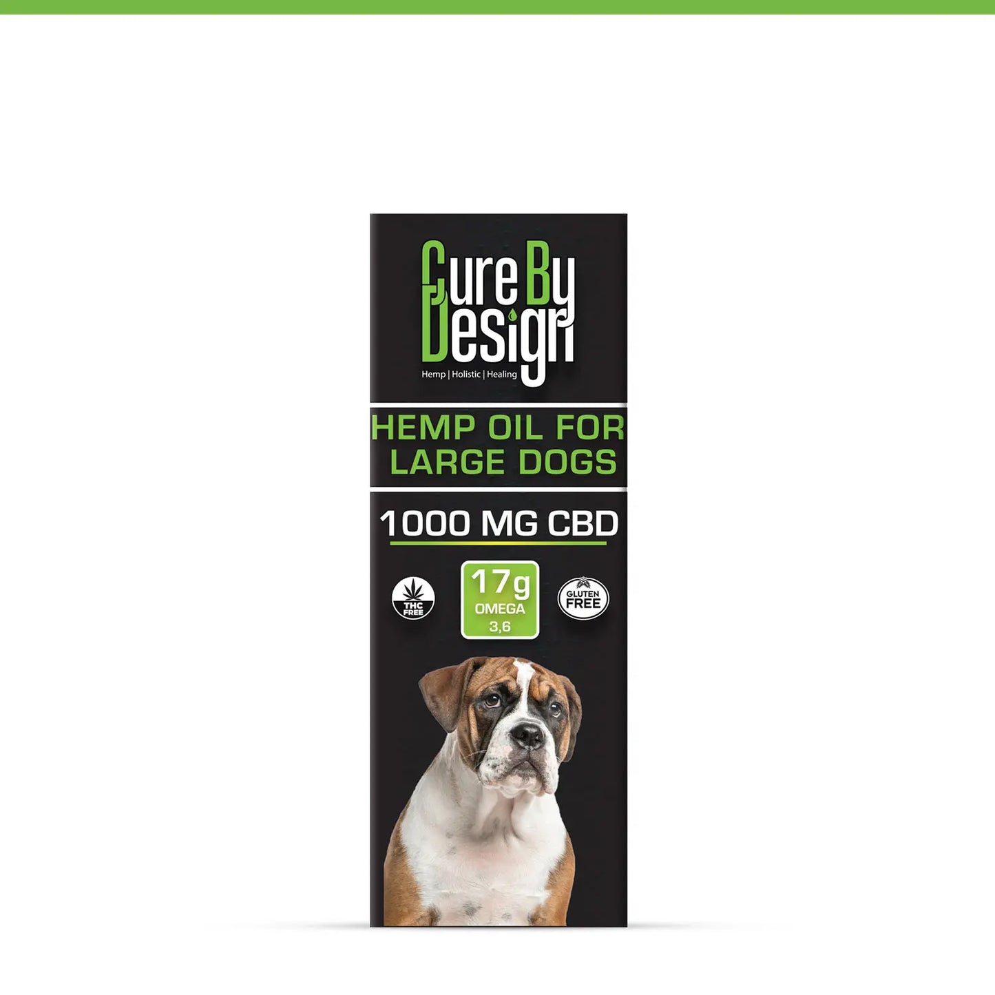 Cure By Design hemp oil packaging for large dogs with a dog on the label.