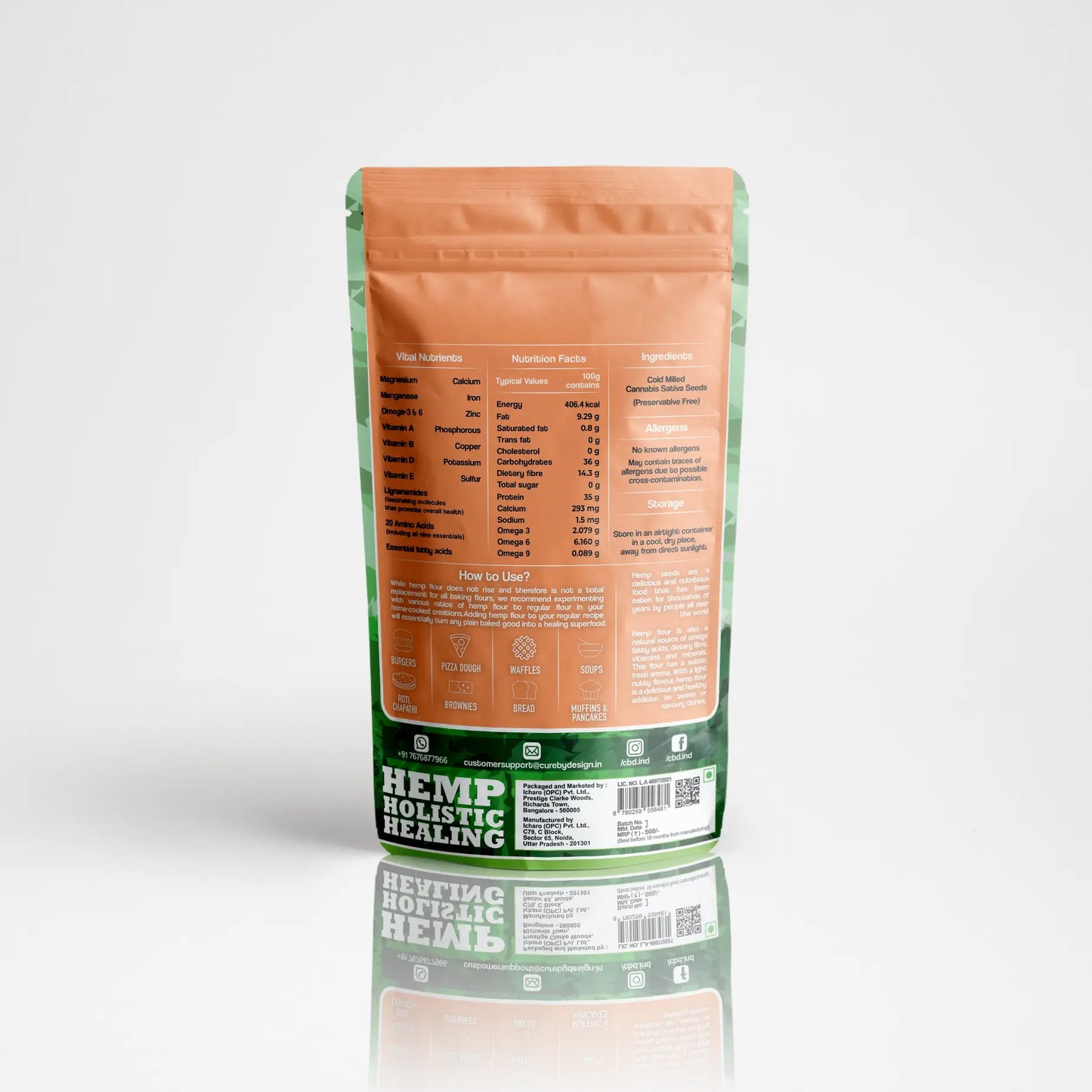 Hemp flour product packaging with nutritional information on a white background
