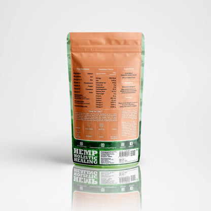Hemp flour product packaging with nutritional information on a white background