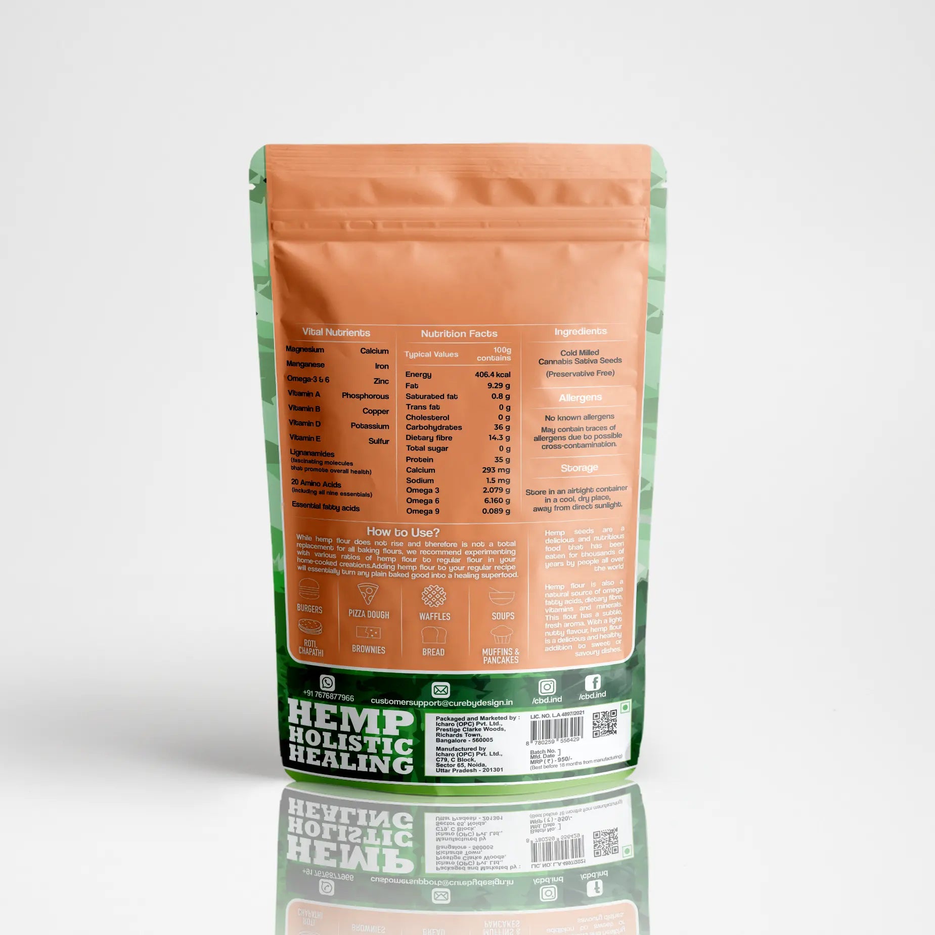Hemp product packaging with nutritional information on a white background