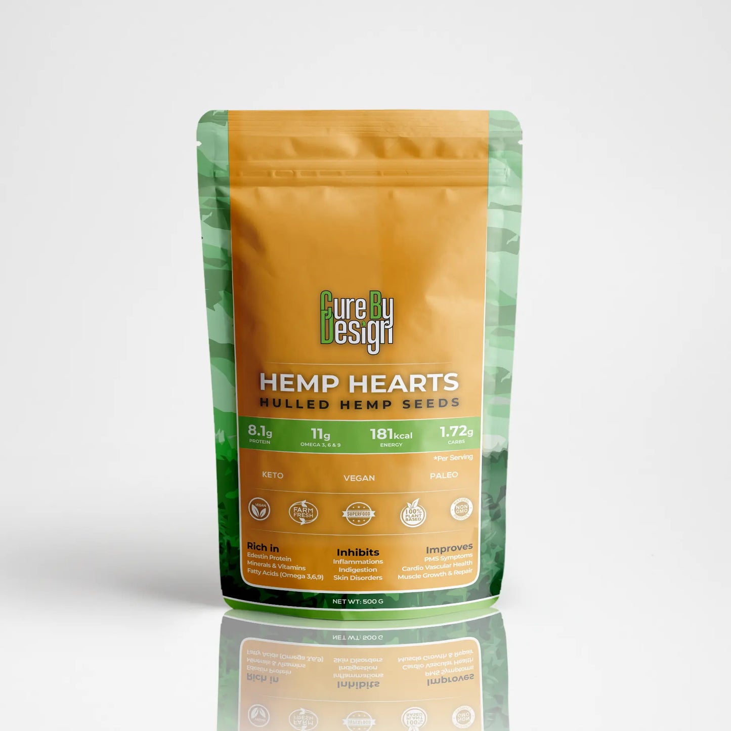 Package of Cure By Design Hemp Hearts on a white background