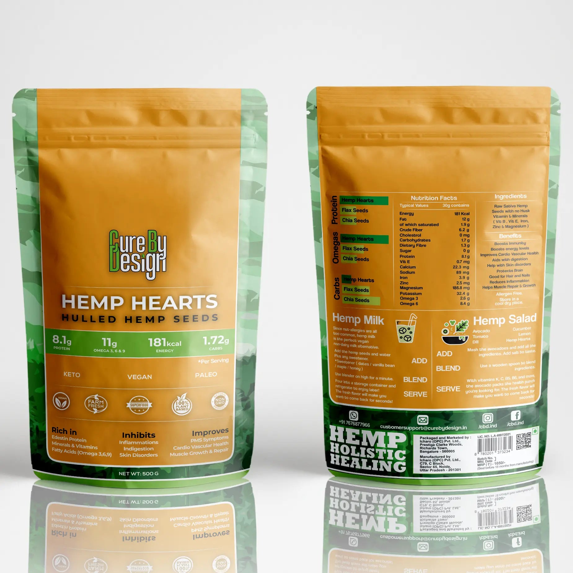 Two packages of Cure By Design Hemp Hearts on a reflective surface with a white background
