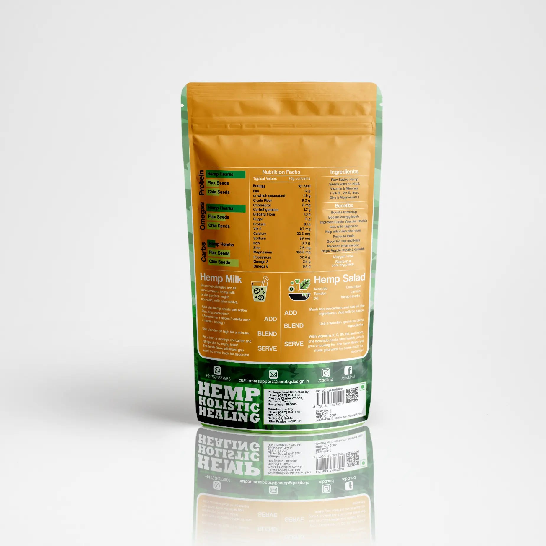 Hemp milk package with nutritional information on a white background