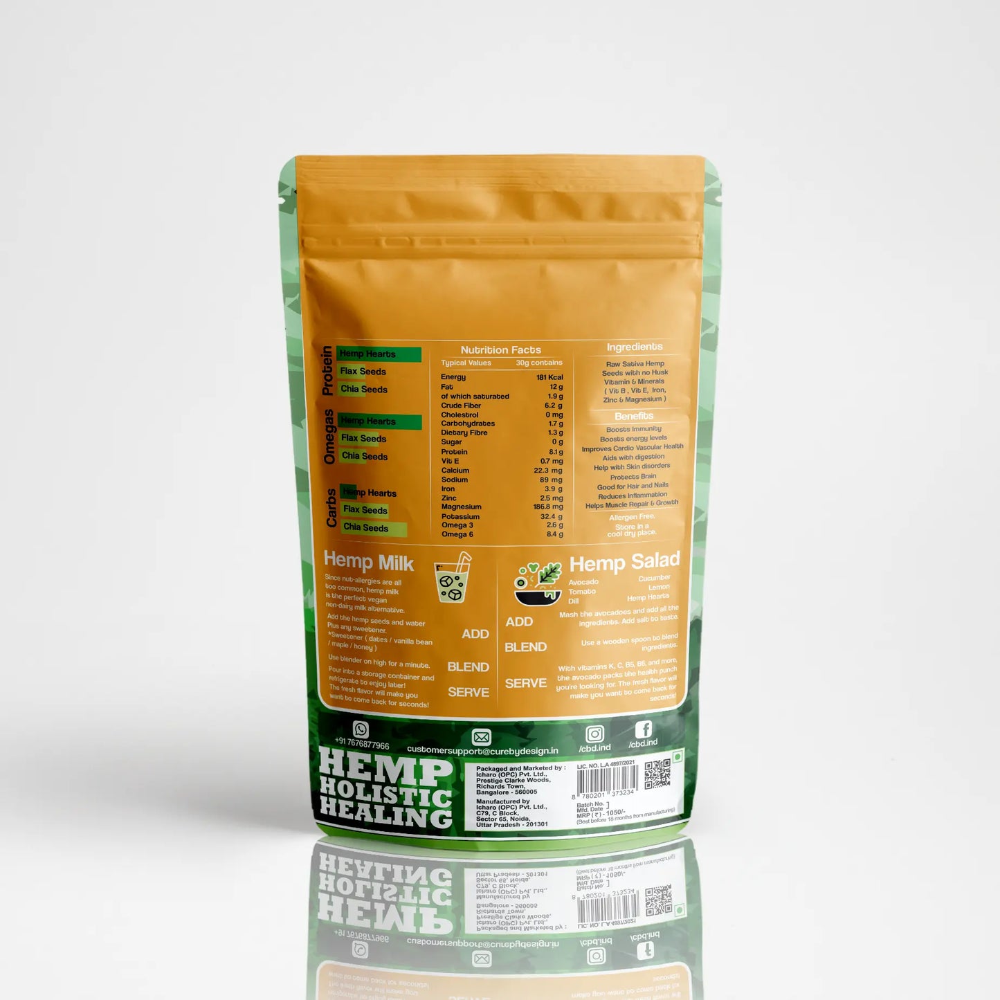 Hemp product packaging with nutritional information on a white background