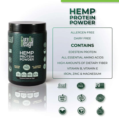 Cure By Design Hemp Protein Powder container with product details on a white background