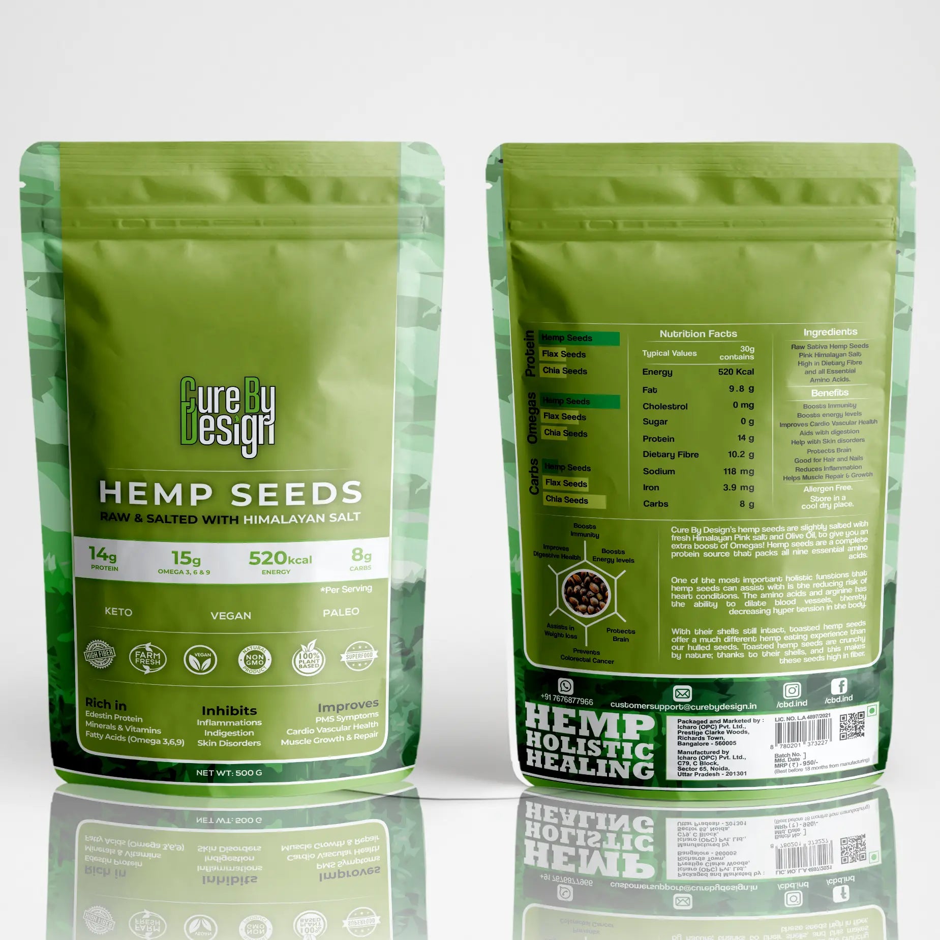 Green package of hemp seeds with front and back views on a white background