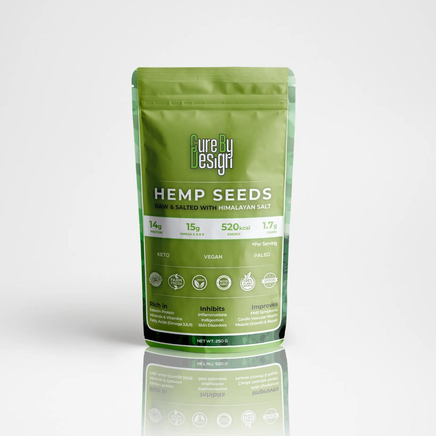 Green package of hemp seeds with nutritional information on a white background