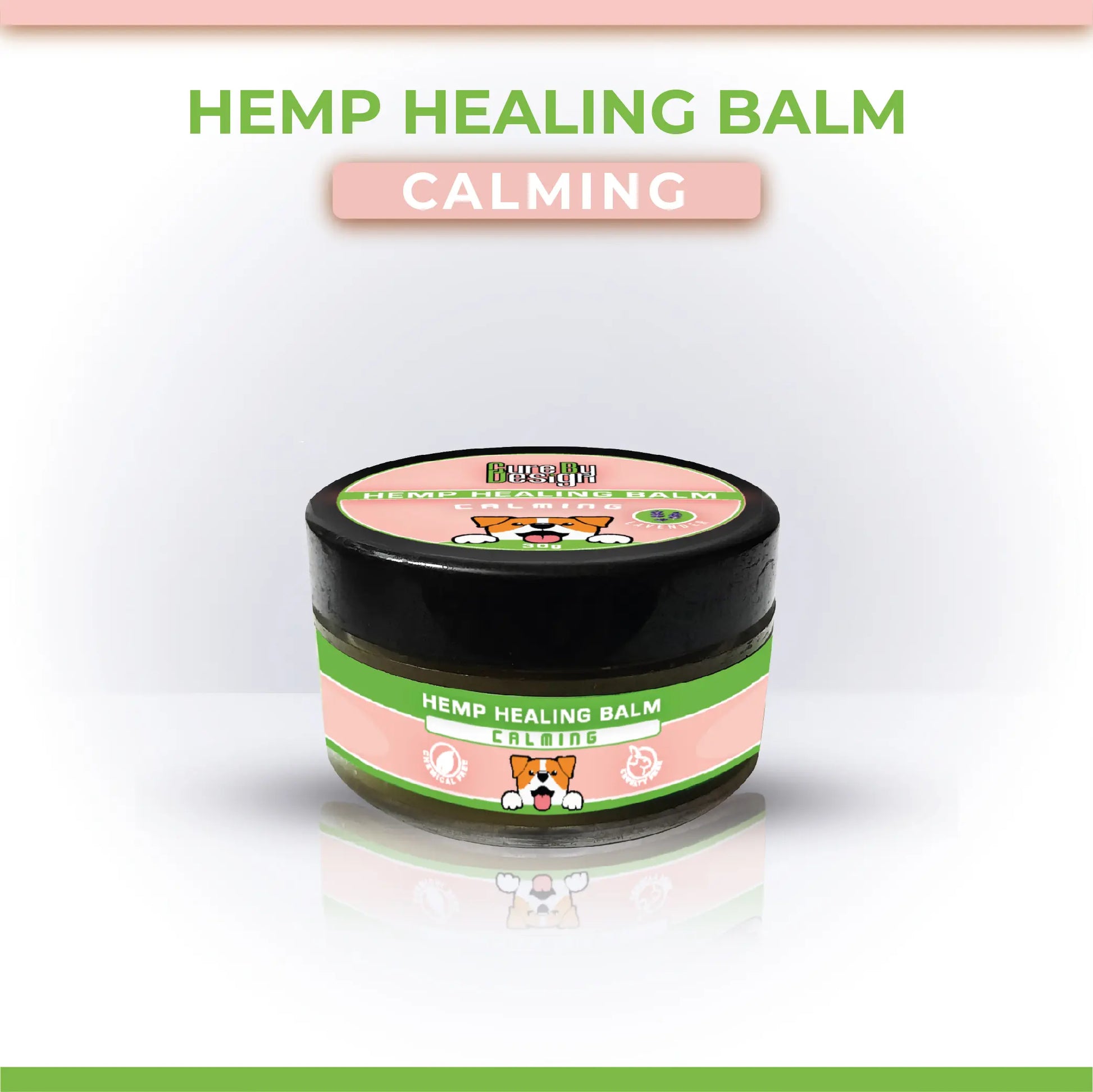 Jar of Hemp Healing Balm for pets 'Calming' label on a white background