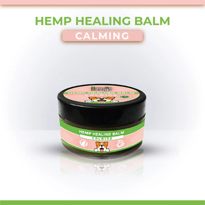 Jar of Hemp Healing Balm for pets 'Calming' label on a white background