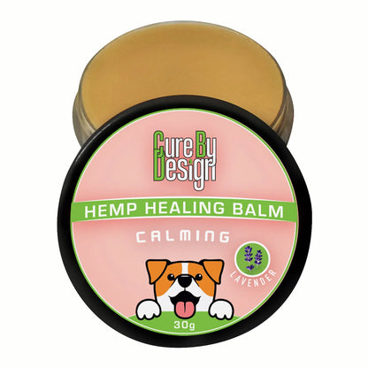 Pets Hemp healing balm container with 'Cure By Design' branding on a white background