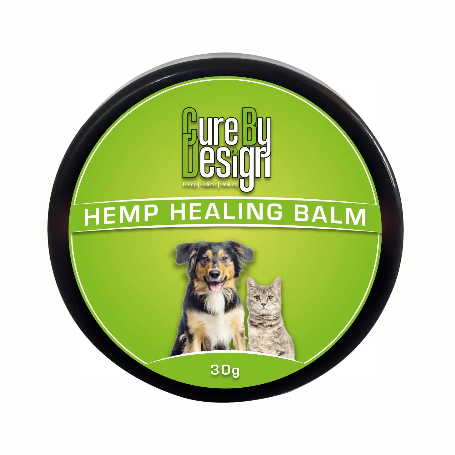Hemp healing balm container with a green label featuring a dog and cat, and 'Cure By Design' branding.