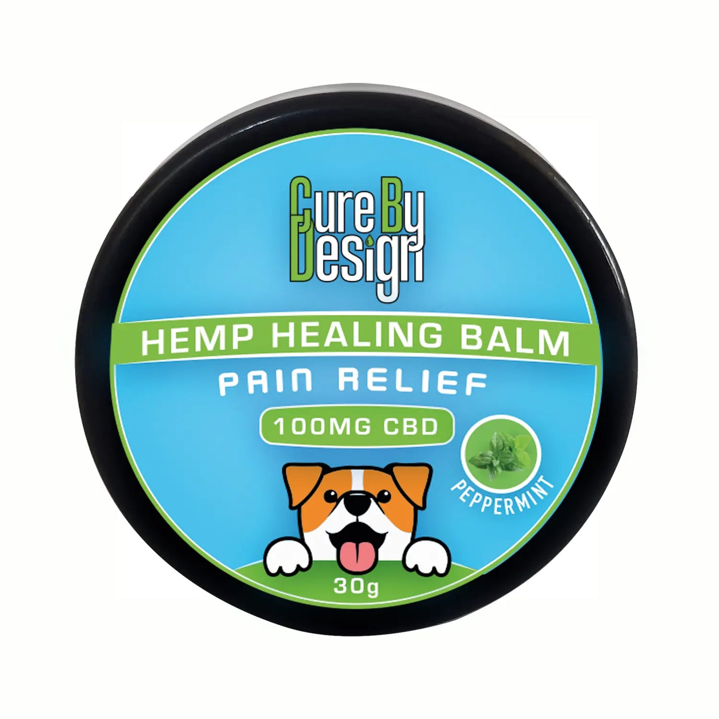 Cure By Design Hemp Healing Balm for pain relief with a dog illustration on a white background
