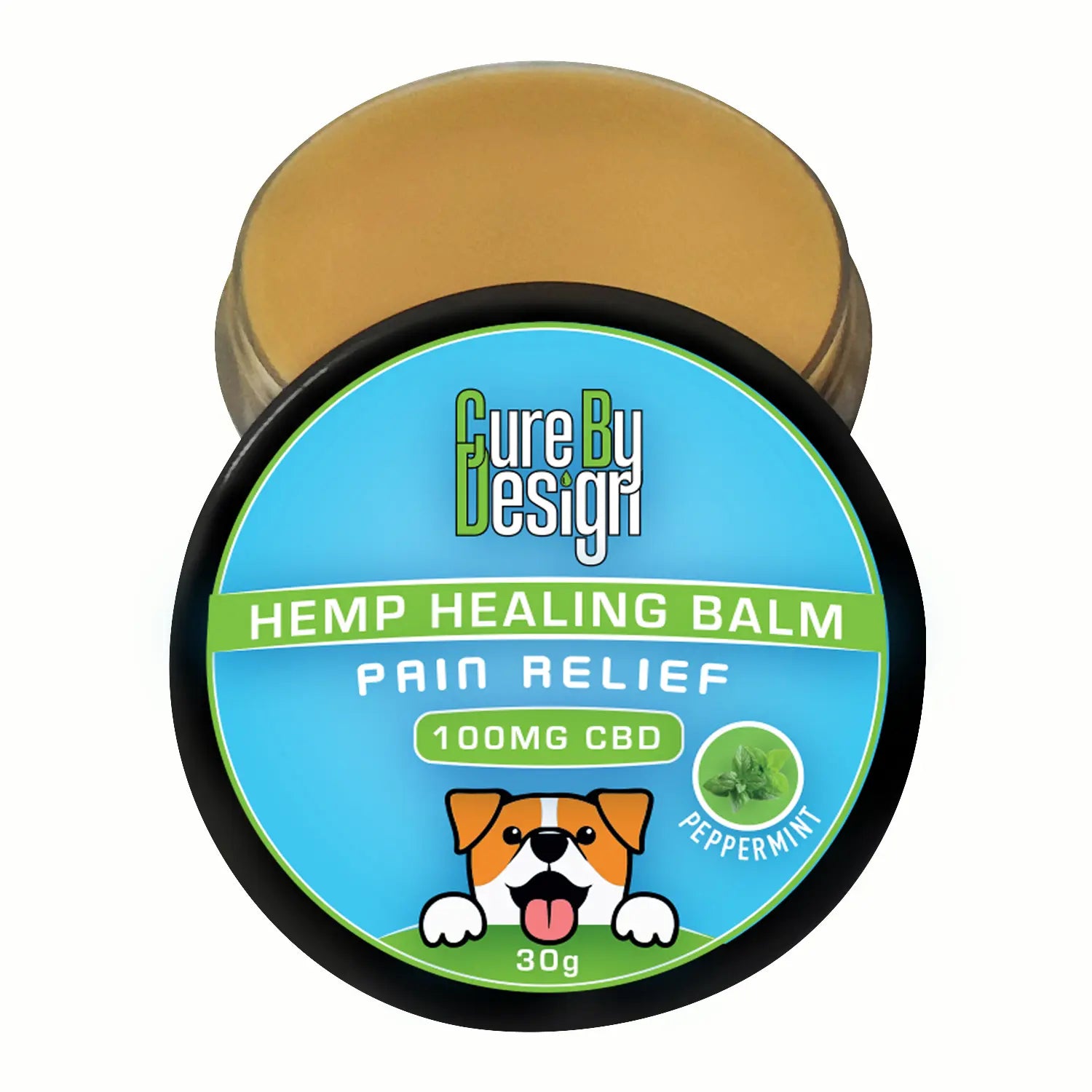 Cure By Design hemp healing balm for pain relief with a dog illustration on a white background