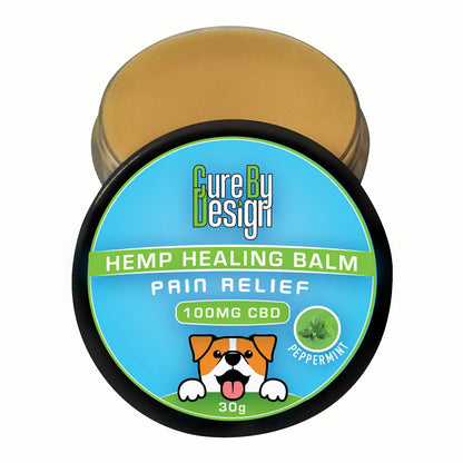 Cure By Design hemp healing balm for pain relief with a dog illustration on a white background