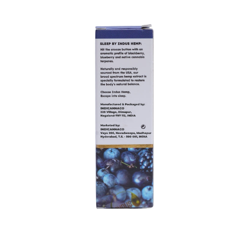 Box of Sleep CBD Oil by Indus Hemp with blueberry design on a white background