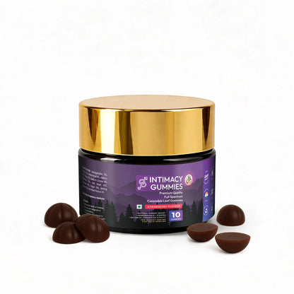 Gold and purple container labeled 'Intimacy Gummies' with chocolate-like CBD gummies on a white background