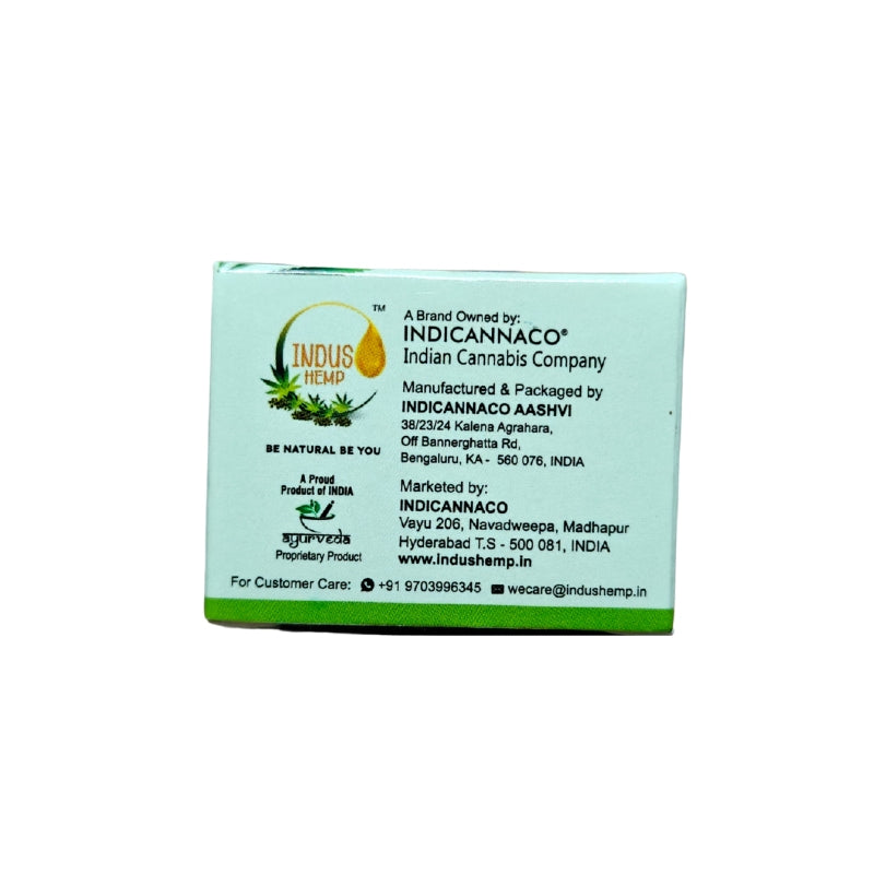 Indicannaco product packaging with branding and contact information on a white background
