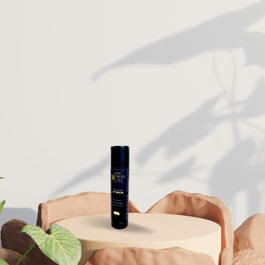 Black lip balm container on a beige pedestal with green leaves and soft shadows in the background.

